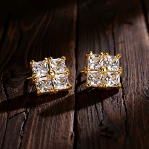 18K Gold Mens 2ct Square Diamond Stud Earrings Guys New 18K Silver Studs Jewelry
